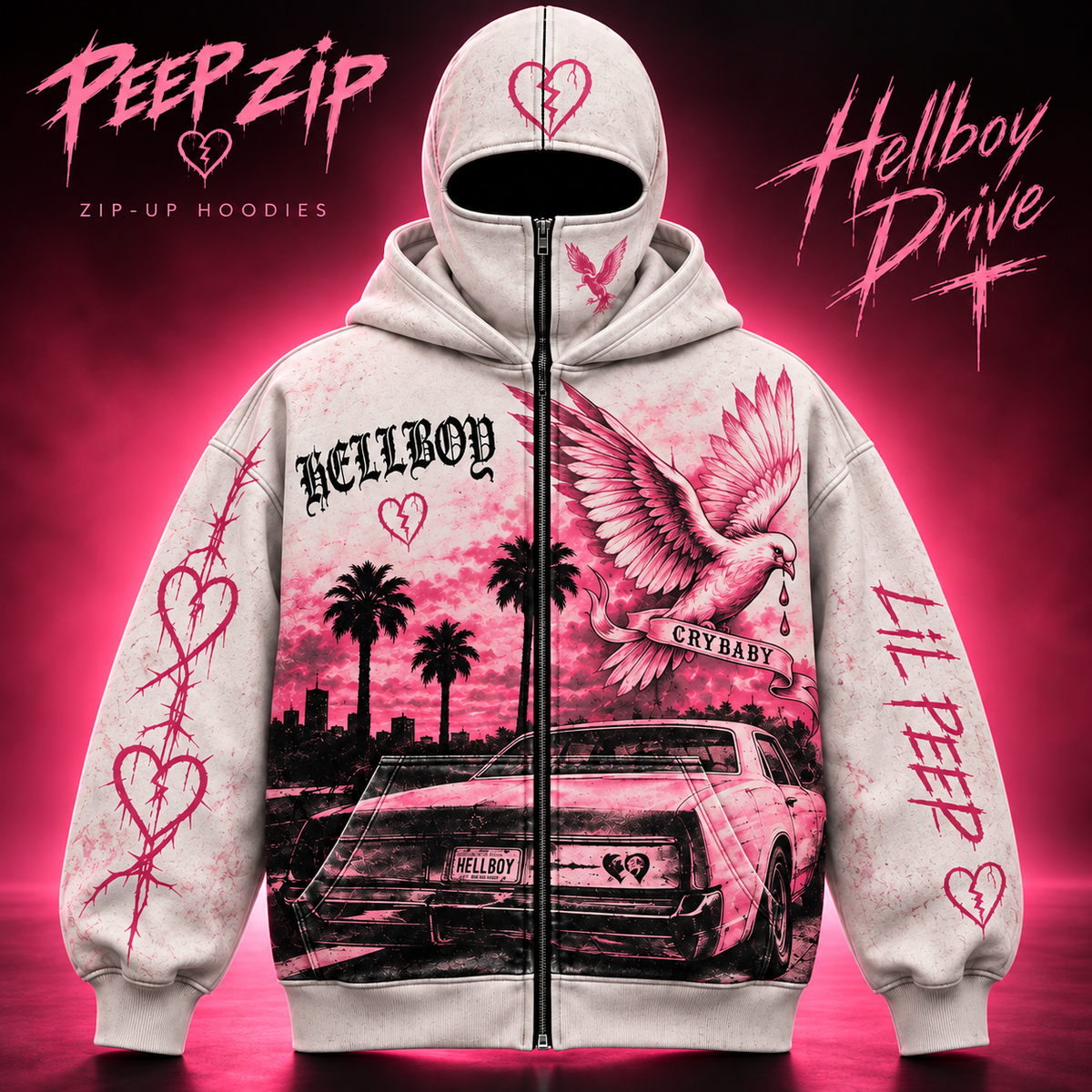 Hellboy Drive — Cream Edition Full-Zip Balaclava Hoodie